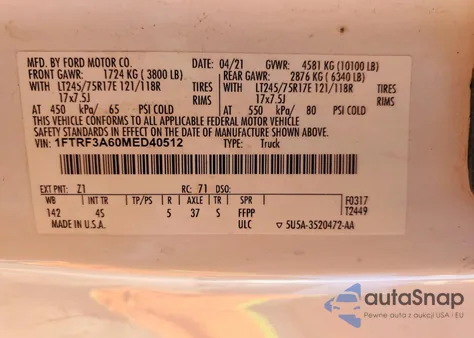 2021 Ford F350 Super Duty z USA, uszkodzony, nr VIN 1FTRF3A60MED40512